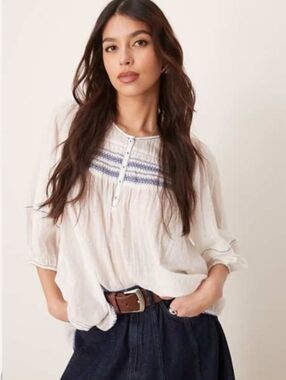 Free People Dylan Smocked Tunic Top Shirt Ivory Combo XS